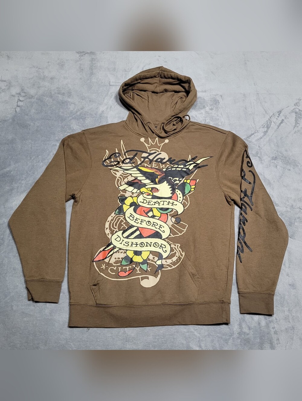 Ed Hardy Death Before Dishonor Brown Hoodie Pullover Skater Mens Size Medium
